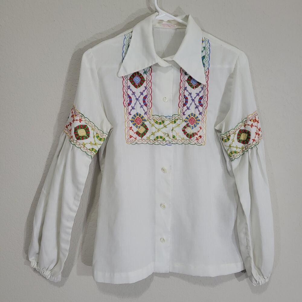 Vintage 70s Shirt Jami Originals Women Small Cream Embroidered boho long collar